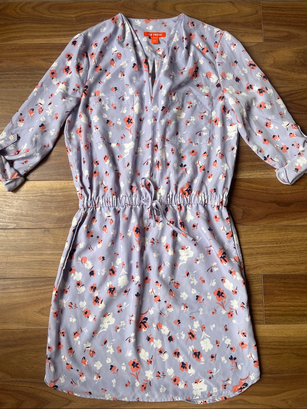 Joe Fresh Lavender Floral Drawstring Mini Dress with Coral Accents Pockets XS